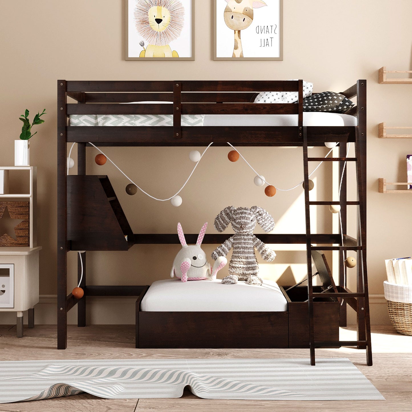 Dark Brown Convertible Twin over Twin Bunk Bed with Storage