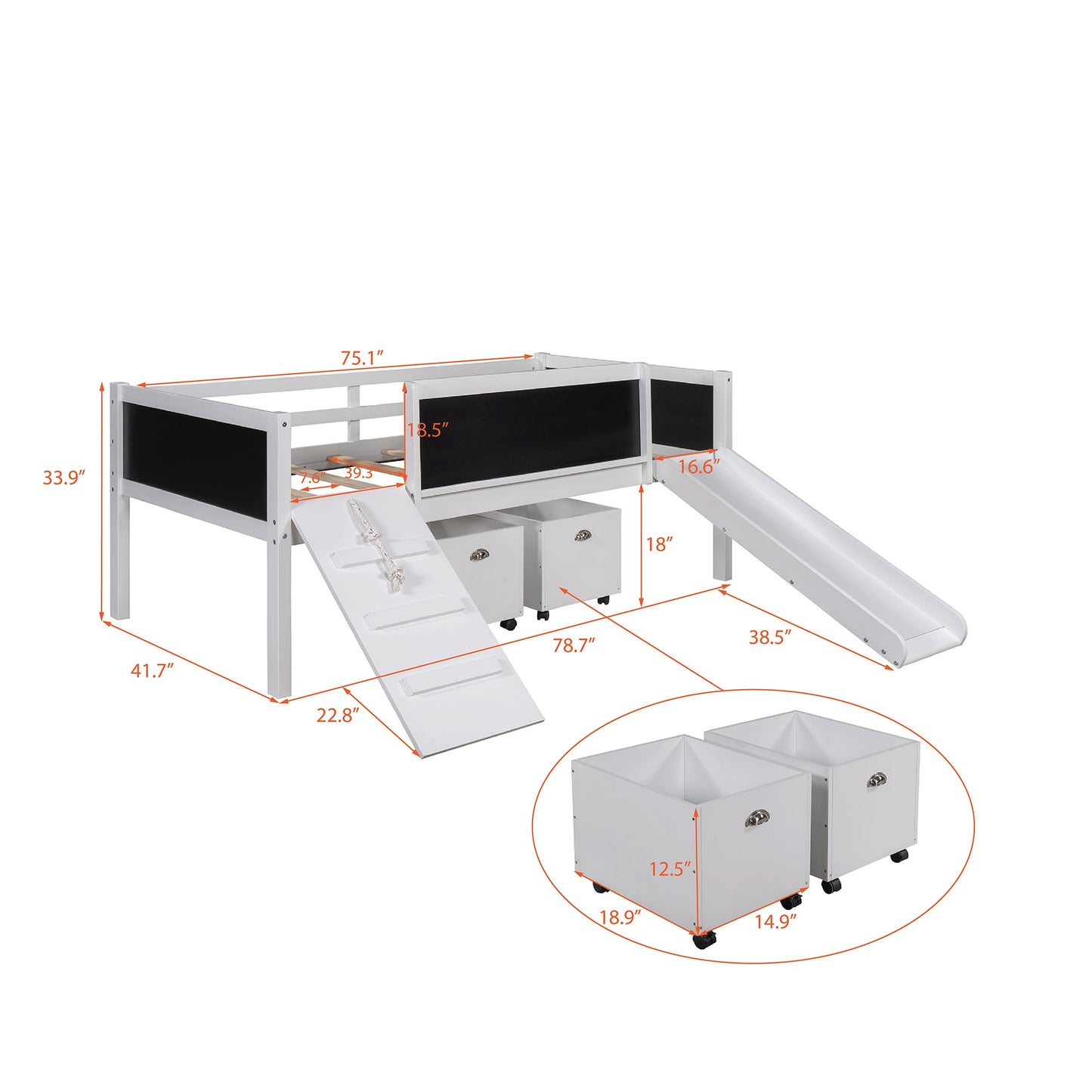 Climbing Frame White Twin Size Loft Bed with Slide and Storage Boxes