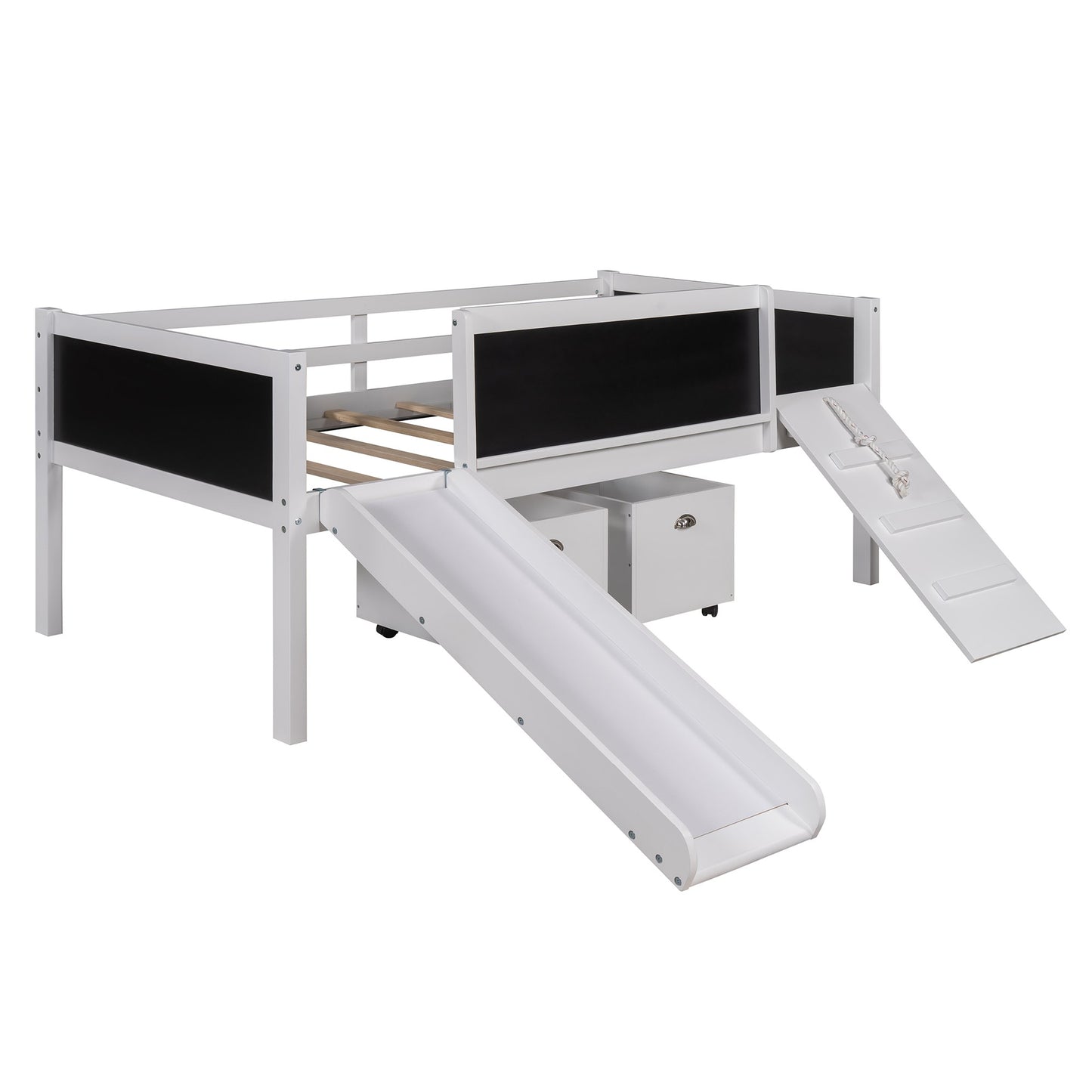 Climbing Frame White Twin Size Loft Bed with Slide and Storage Boxes