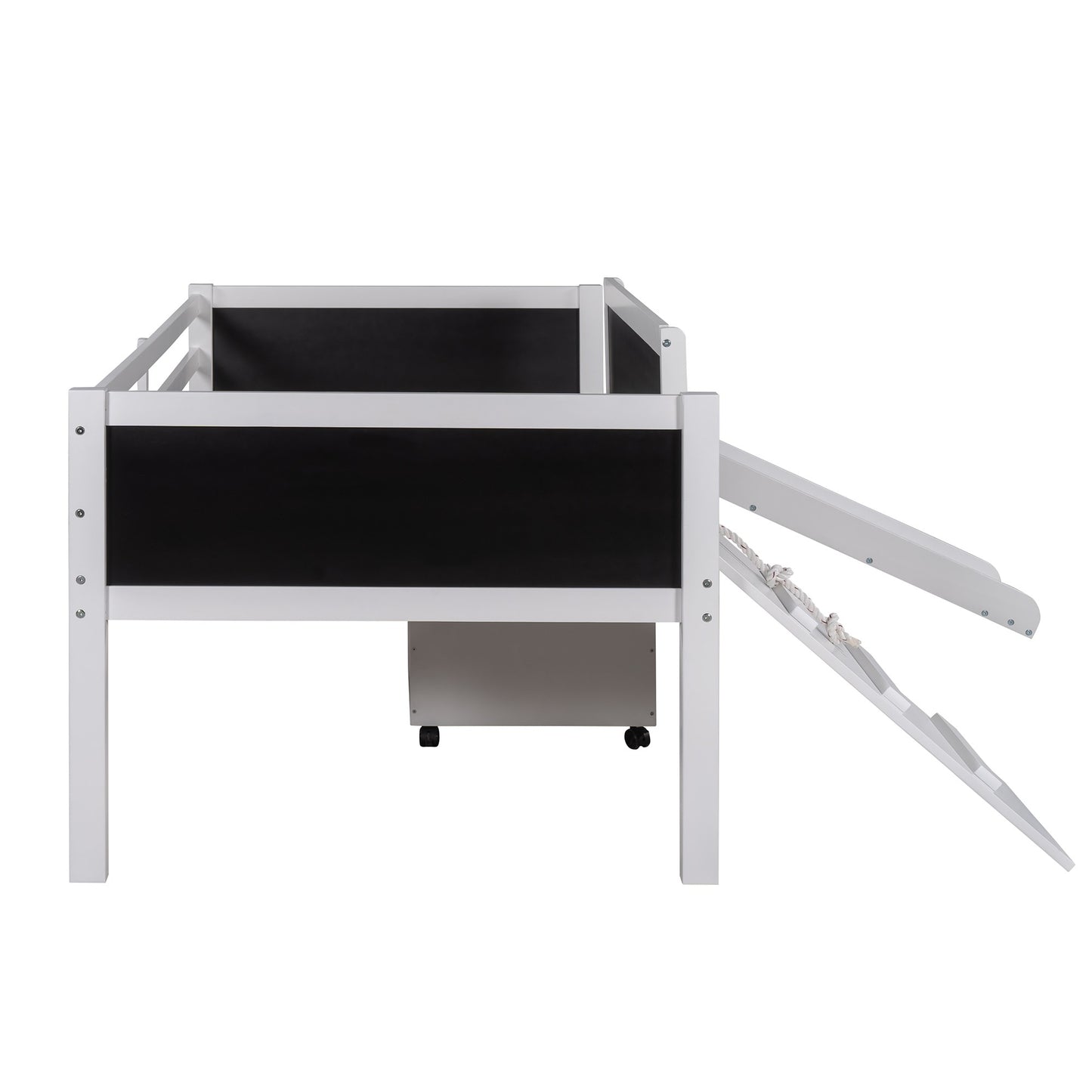 Climbing Frame White Twin Size Loft Bed with Slide and Storage Boxes