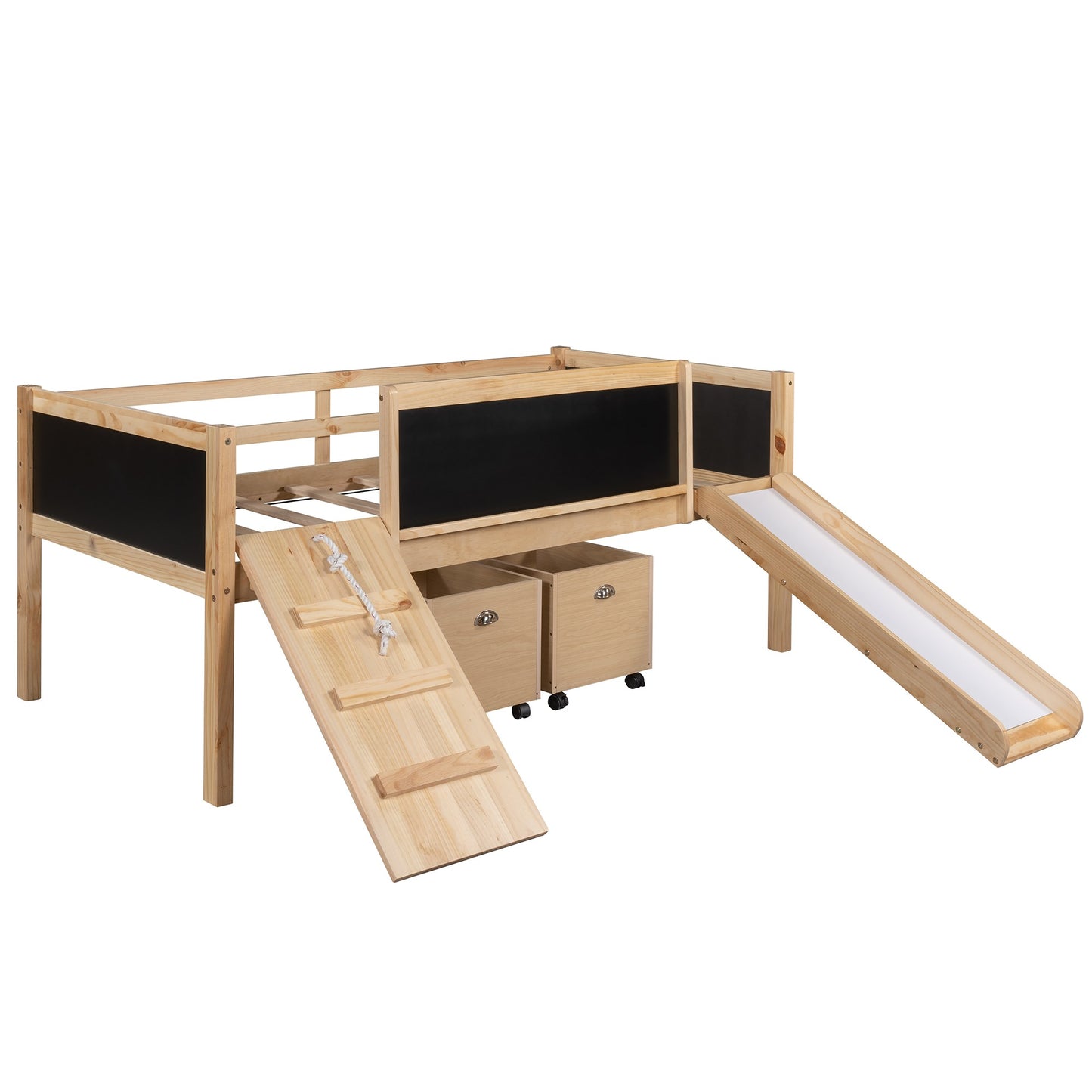 Climbing Frame Natural Twin Size Loft Bed with Slide and Storage Boxes