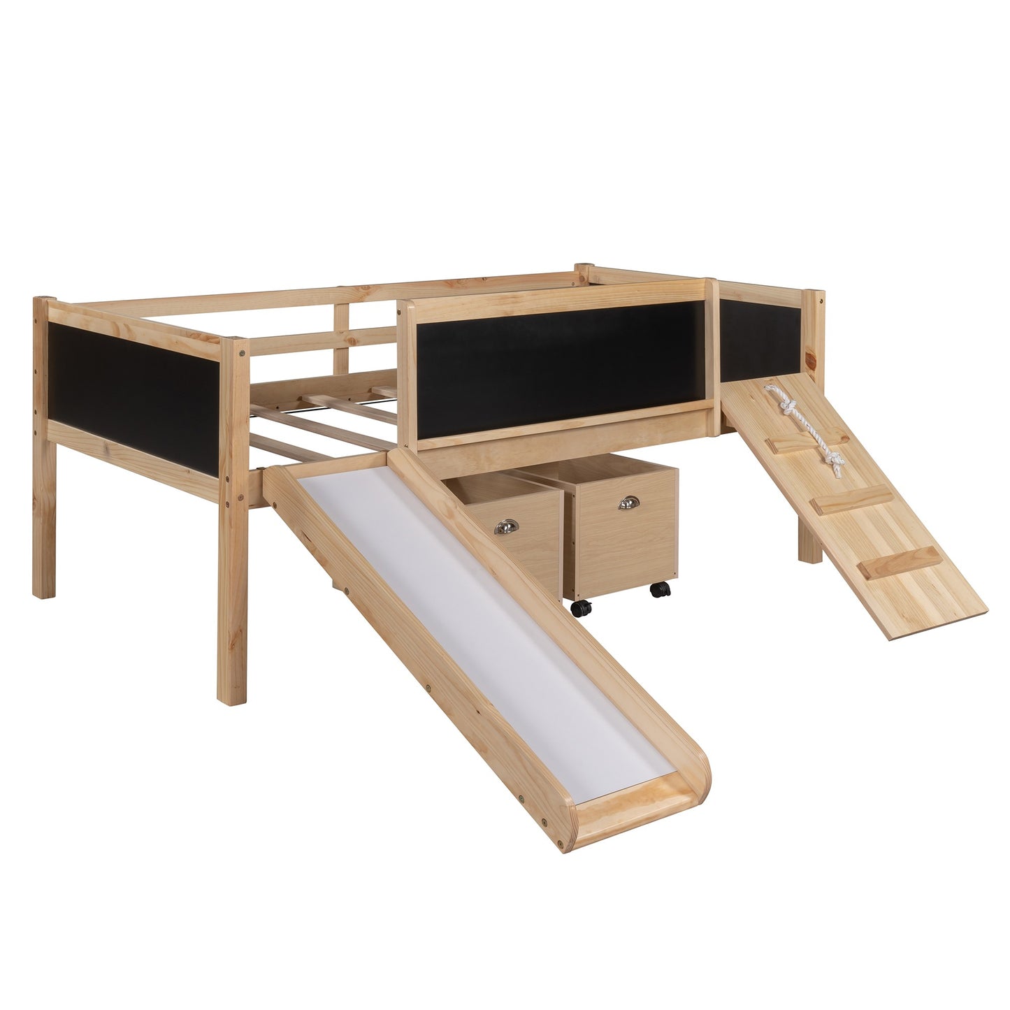 Climbing Frame Natural Twin Size Loft Bed with Slide and Storage Boxes