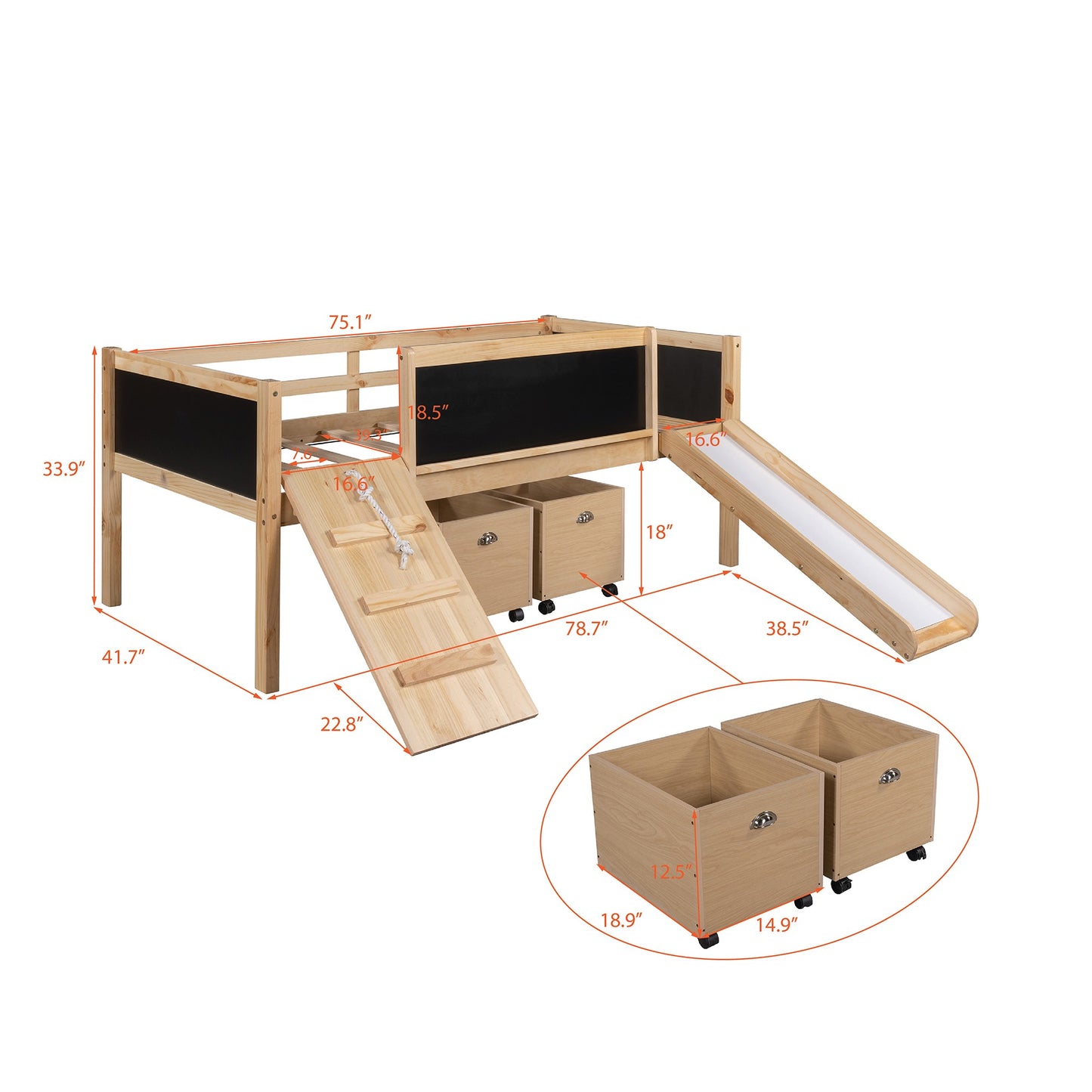 Climbing Frame Natural Twin Size Loft Bed with Slide and Storage Boxes