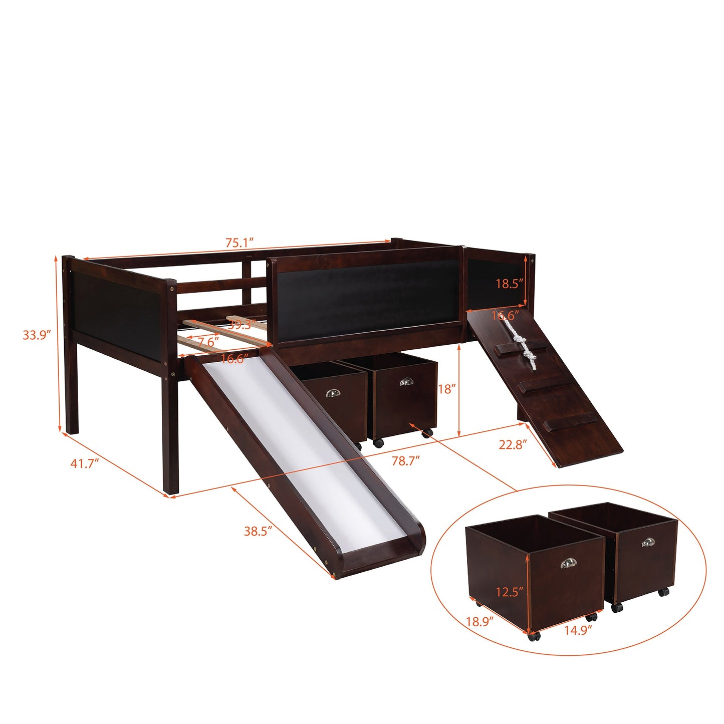 Climbing Frame Dark Brown Twin Size Loft Bed with Slide and Storage Boxes