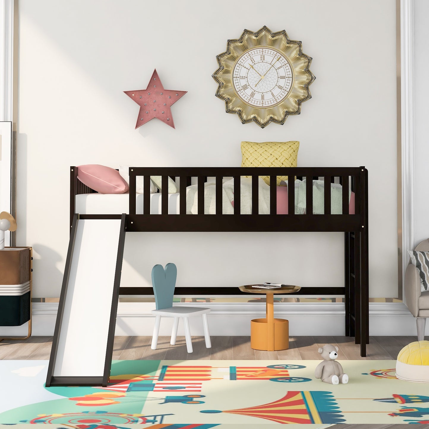 Dark Brown Twin Size Loft Bed with Slide